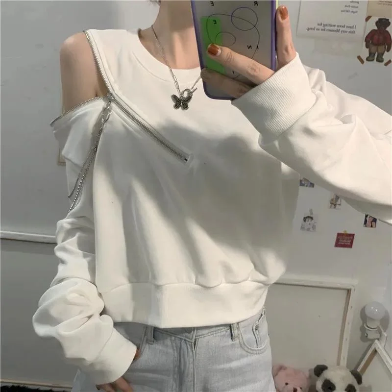 Hoodies Women Loose Large Size S-3XL Zipper Spring Students Causal Streetwear O-neck Off Shoulder Outerwear Crop Long Sleeve Ins | Женская