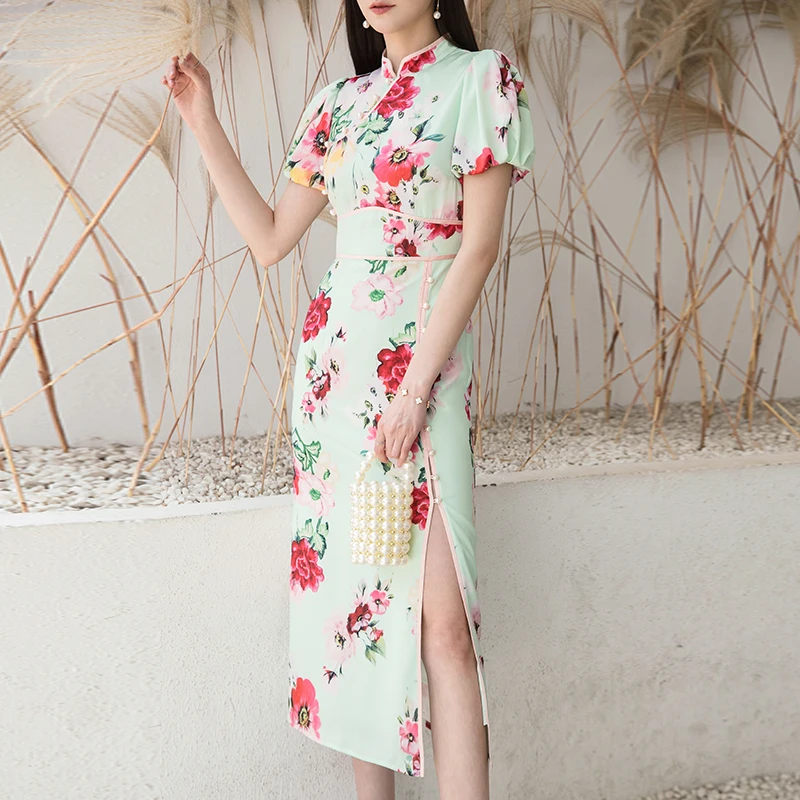 YIGELILA Women Fashion Print Dress Elegant Chinese Style Puff Sleeve Long Dress Empire Slim Mid-length Straight Dress 65808