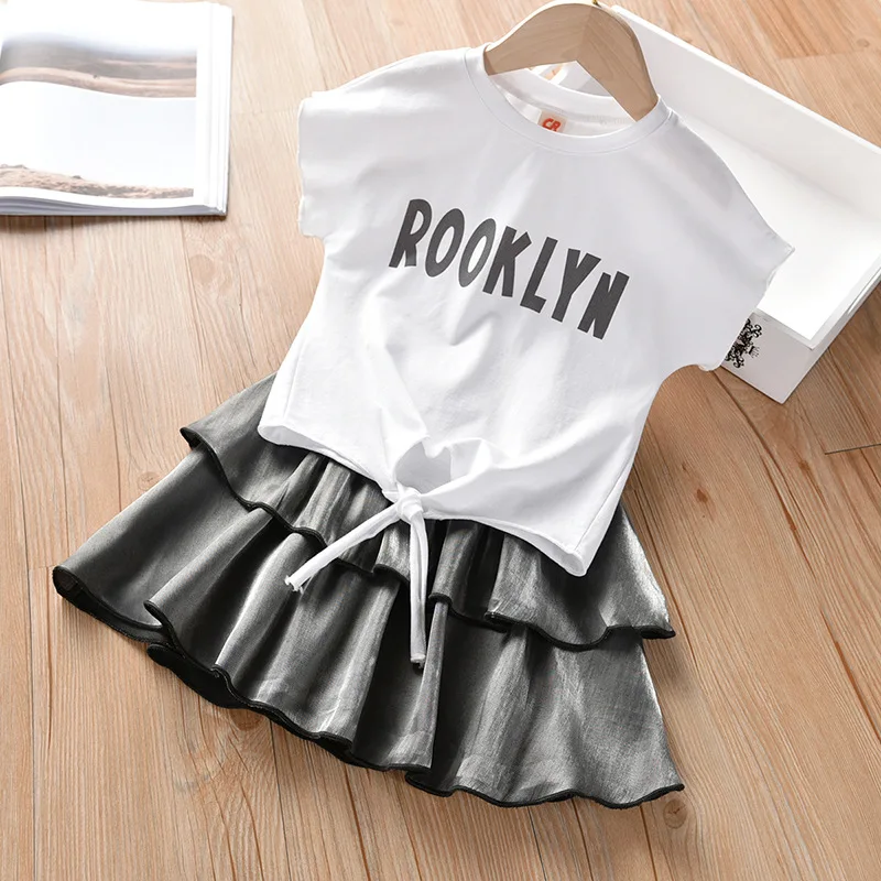 Girls Clothing Set 2020 Summer Sweet Letter Top Short Sleeve+Solid Layered Skirt Fashion 2pcs Sets Children Clothes 3-7Y | Детская