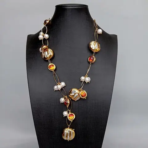 Y.YING, Пресноводный Культивированный белый Бива жемчуг, коричневая цепочка из муранского стекла, Y-образное ожерелье 21 дюйм