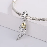 fashion 925 sterling silver vintage golden heart shaped feather pendant charm bracelet diy jewelry making for pandora