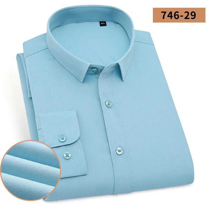 Fashion Blue Black White Mens Dress Shirts For Man Long Sleeved Shirt Classic Solid Bamboo Fabric Male Social Office Work Shirts