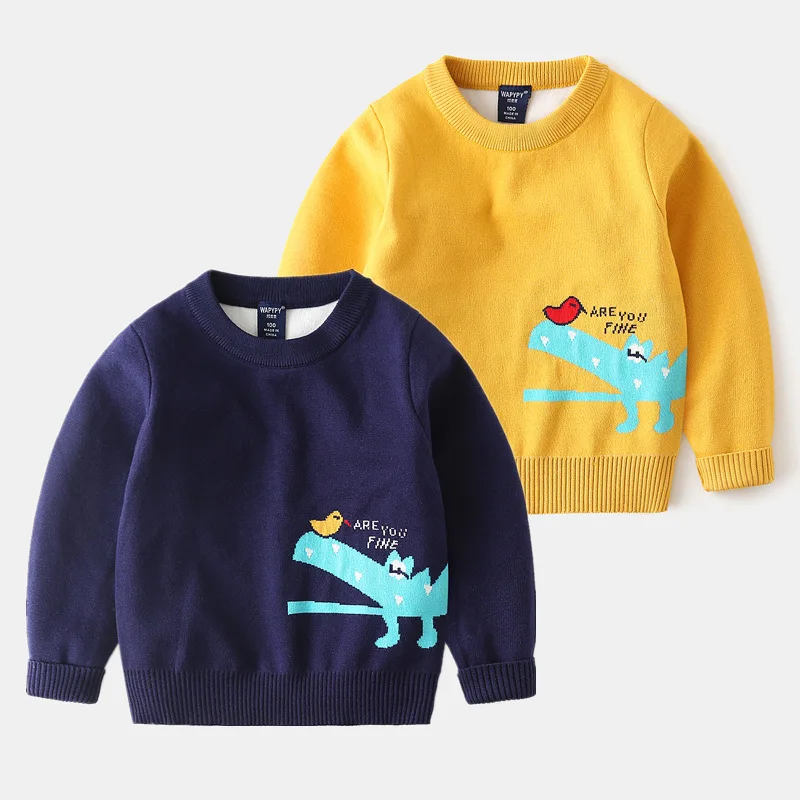 

BINDUCKING 2020 Autumn Winter Boys Kids Sweater Warm Thicken Soft Knitted Children's Clothes Cartoon Design Navy Yellow Sweater