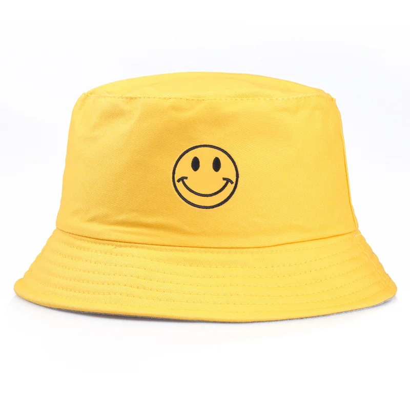 

Bucket Hat 2021 Double-sided Korean Smiley Smile Fisherman Hat Female Wild Casual Breathable Summer Outdoor Sun Hat Foldable