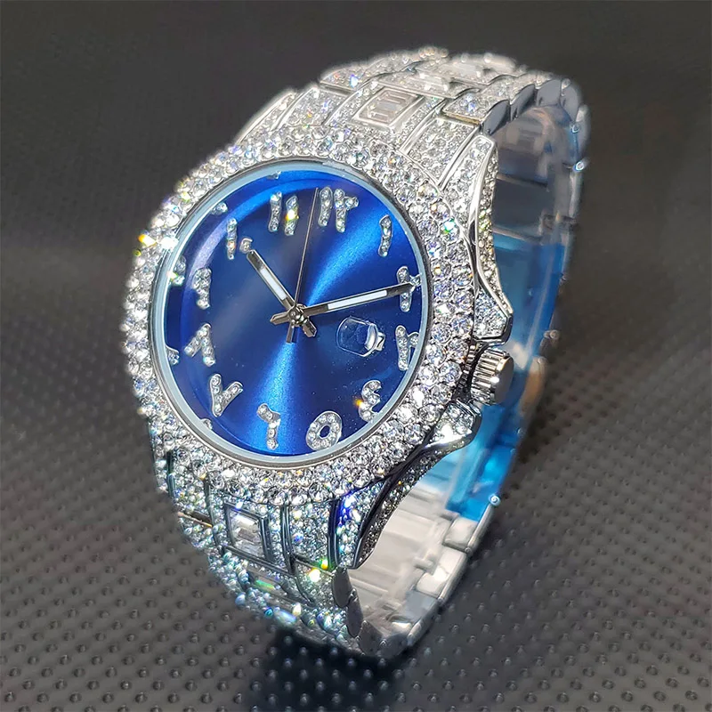 

Waterproof Men Quartz Wristwatches Stylish Classic Ice Out Diamond Bezel Sunburst Dial Watch For Male Calendar Diver Wholesale