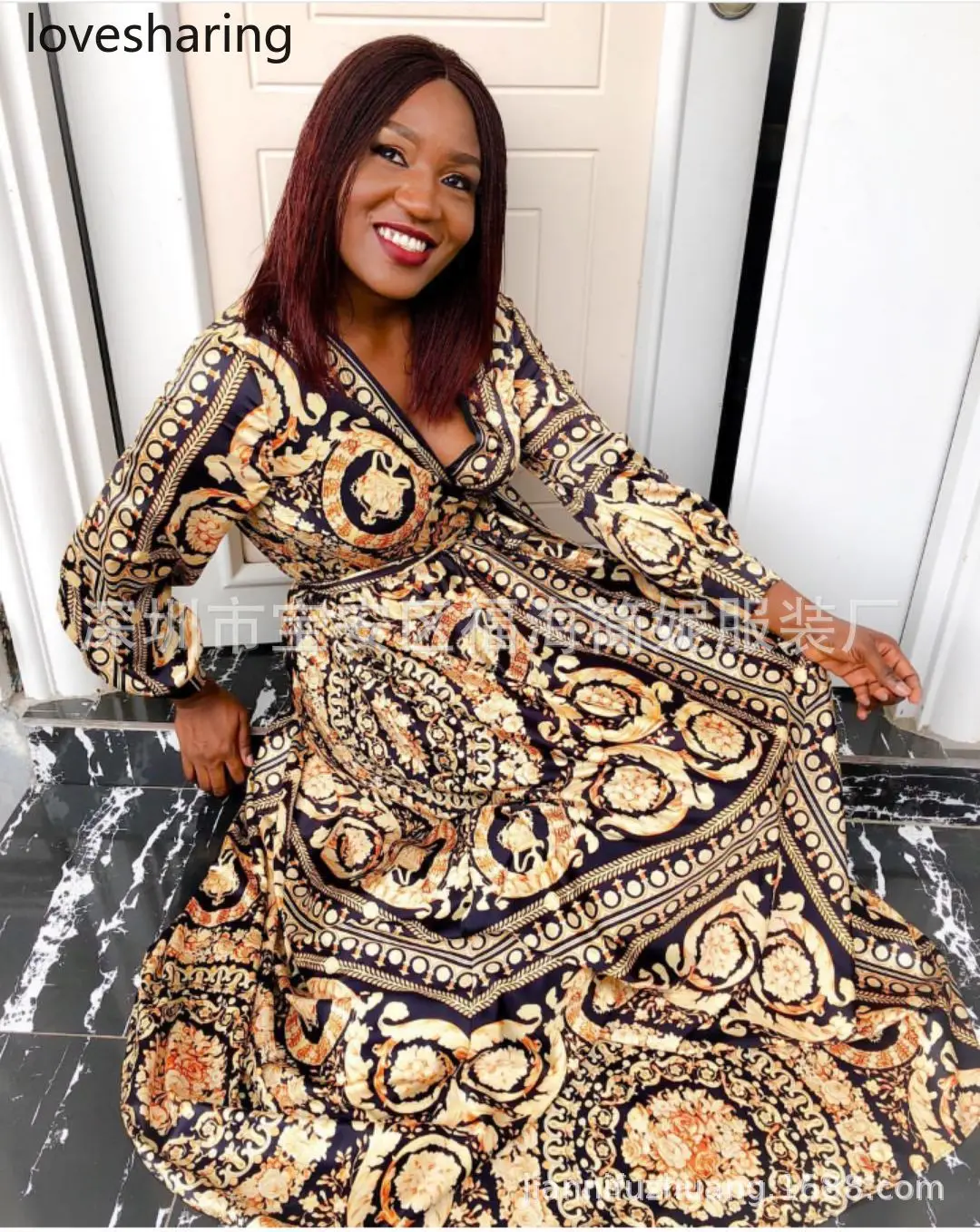 Платье с v-образным вырезом модным принтом большое свободное платье длинным