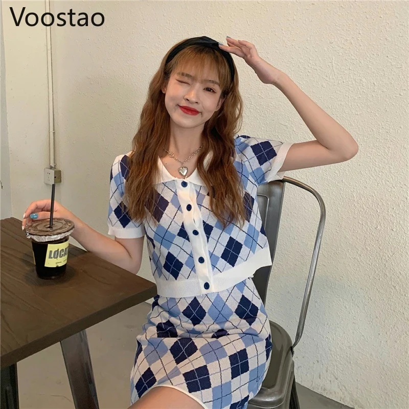 

Korean Fashion Knitted 2 Piece Set Women Elegant Turn Down Collar Plaid Cardigan Crop Tops Mini Skirts Suit Office Lady Outfit