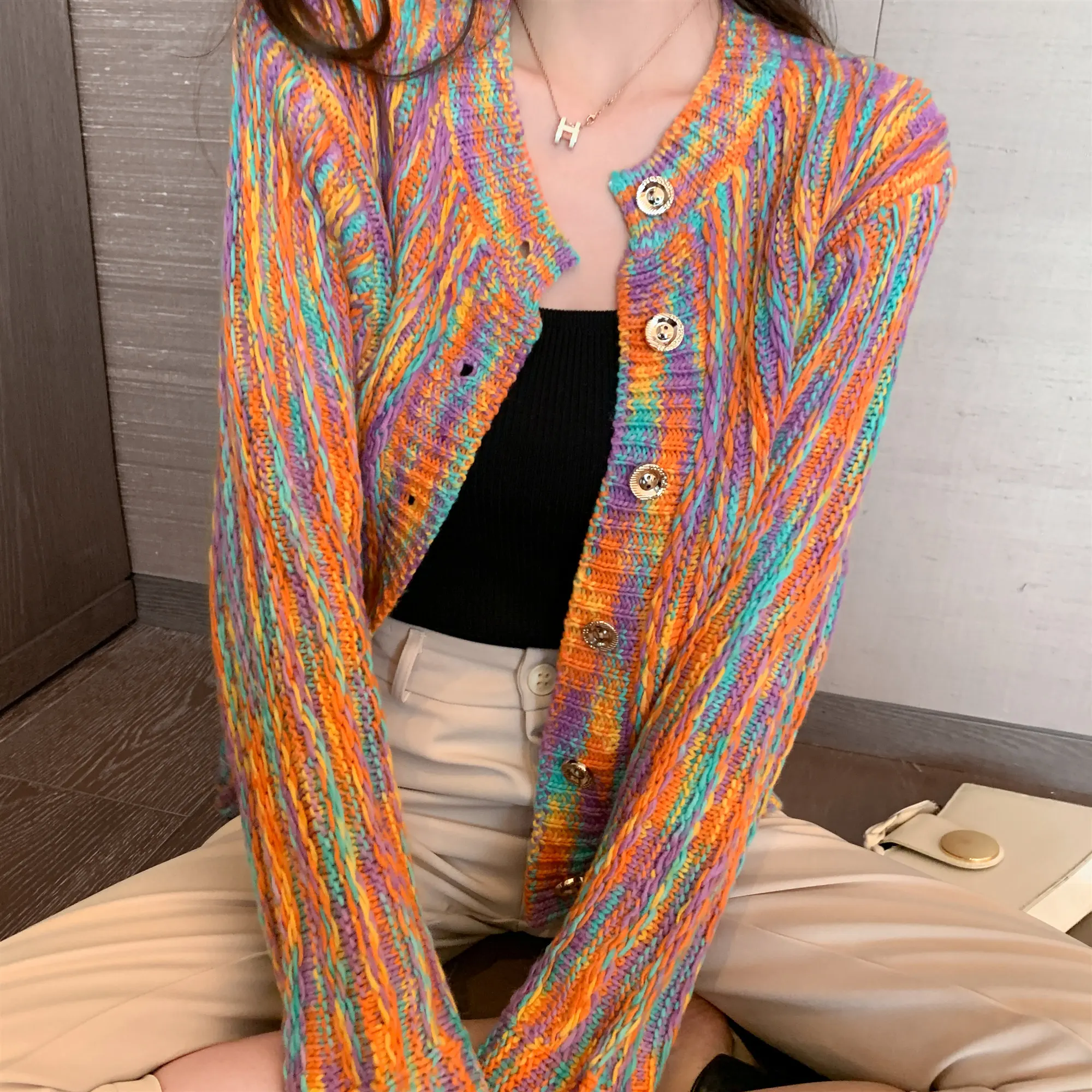 

Knitted Jacket Autumn And Winter Korean Fashion Vintage Long Sleeved Striped Geometric Cardigan Single-Breasted Coats Outerwear
