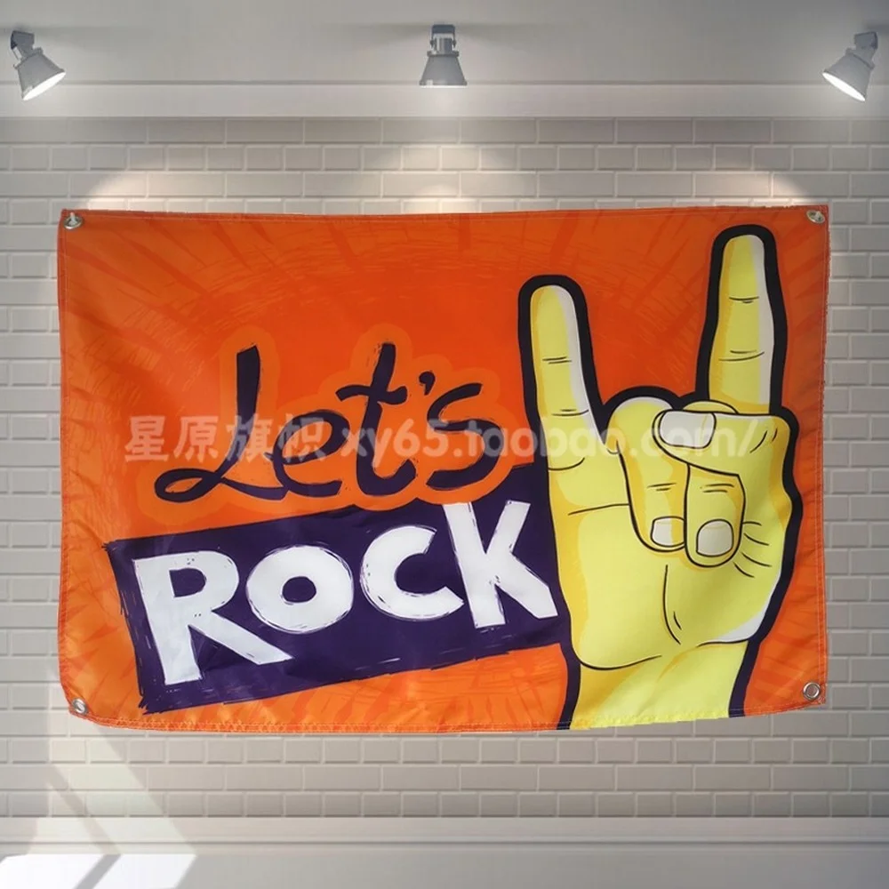 

Lets Rock Flag Banner Hanging Cloth Music Rock Band Cartoon Tapestry Bar Cafe Home Decoration Wall Art 4 Gromments in Corners