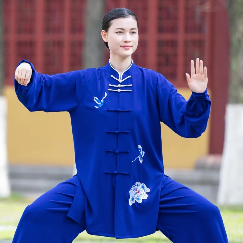 Blue Embroidery Women Tai Chi Uniform Long Sleeve Kung Fu Clothing Female 2PCS Shirt&Pants Loose Stage Performance Suit XS-3XL
