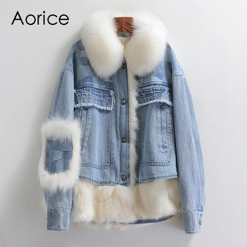 

Aorice Women Winter Real Fox Fur Jacket Female Girl Jeans Coat Cowboy Denim Clothing Cotton Liner Parka A11038