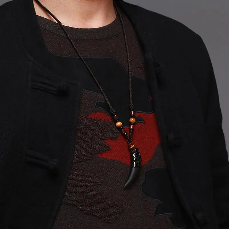 Натуральный обсидиан кулон ожерелье волчий зуб счастливый бисером веревка Пара