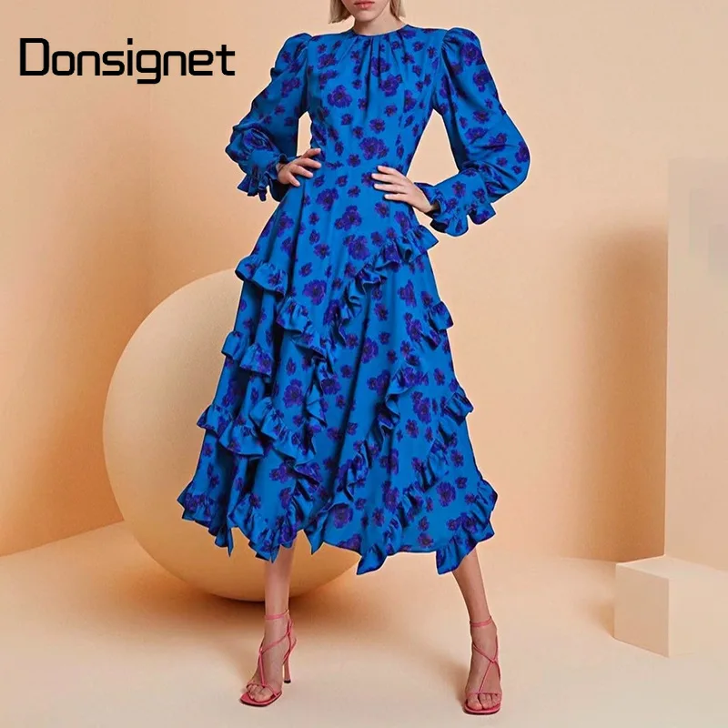 

Женское офисное платье Donsignet, платье средней длины с рукавами-фонариками и принтом, платье с О-образным вырезом и высокой талией