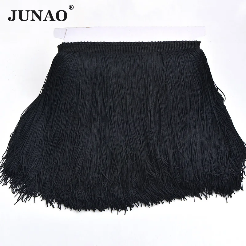 Black JUNAO двойная линия! 20 см длинные Orang цвет Chinlon бахрома кисточка кружевная отделка Лента шитье латинское платье сценическая одежда занавес 10 метров - Цвет: Black