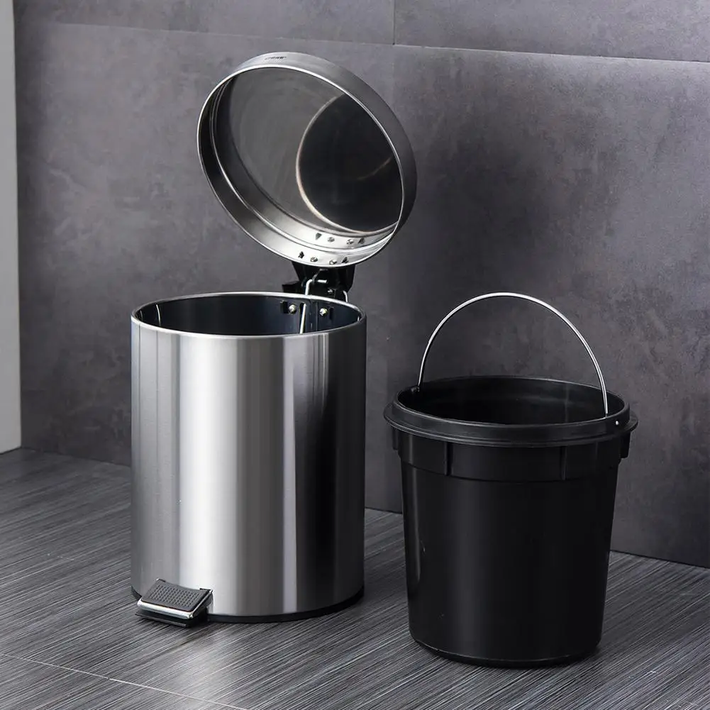 

7L/8L Pedal Kitchen Bin Stainless Steel Thick Round Quiet Garbage Bin Foot-operated Trash Can