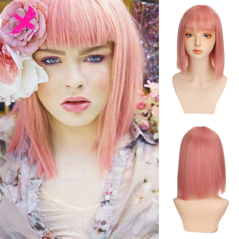 

Xnaira Short Straight Bob Synthetic Wigs With Bangs For Women Afro Ombre Pink Blonde Wigs Cosplay Party Daily Hair