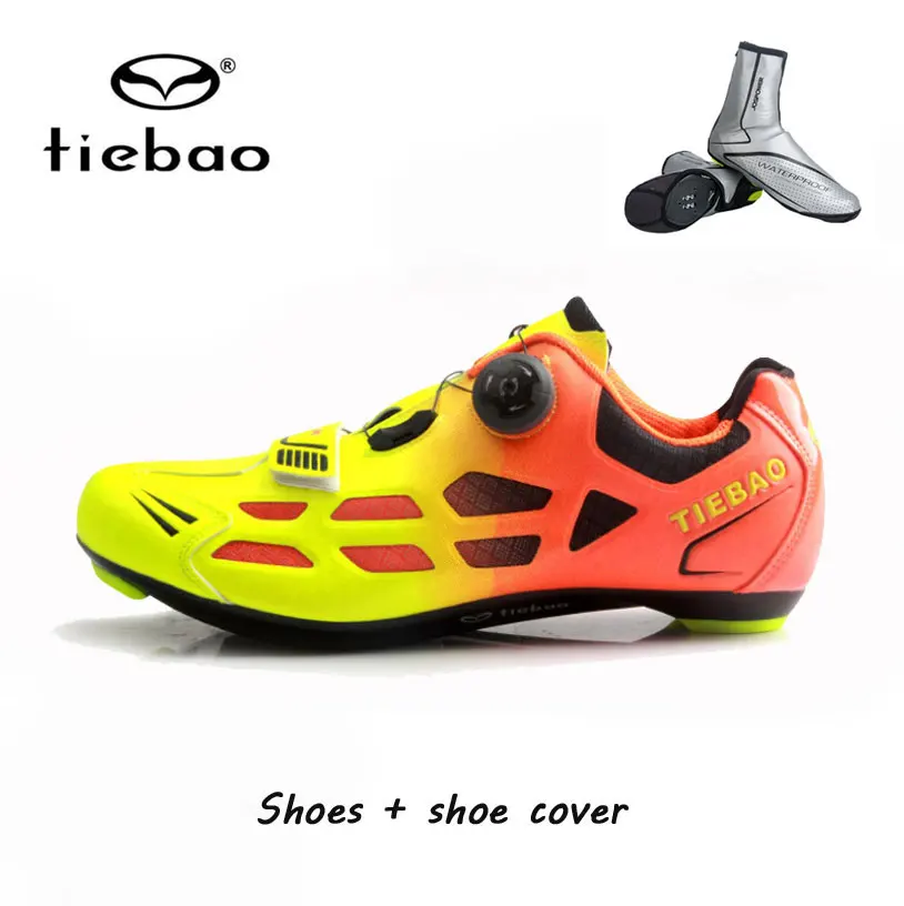 yellow with overshoe Tiebao/Мужская обувь для езды на велосипеде; Нескользящая дышащая велосипедная обувь; спортивные гоночные кроссовки; обувь для велосипеда; Zapatillas Ciclismo - Цвет: yellow with overshoe