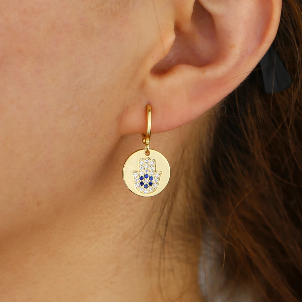 2021 золотые геометрические круглые серьги в форме руки Хамса циркониевые