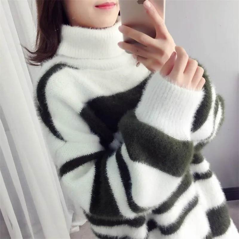 Свитер женский с высоким воротом в полоску длинным рукавом капюшоном имитацией