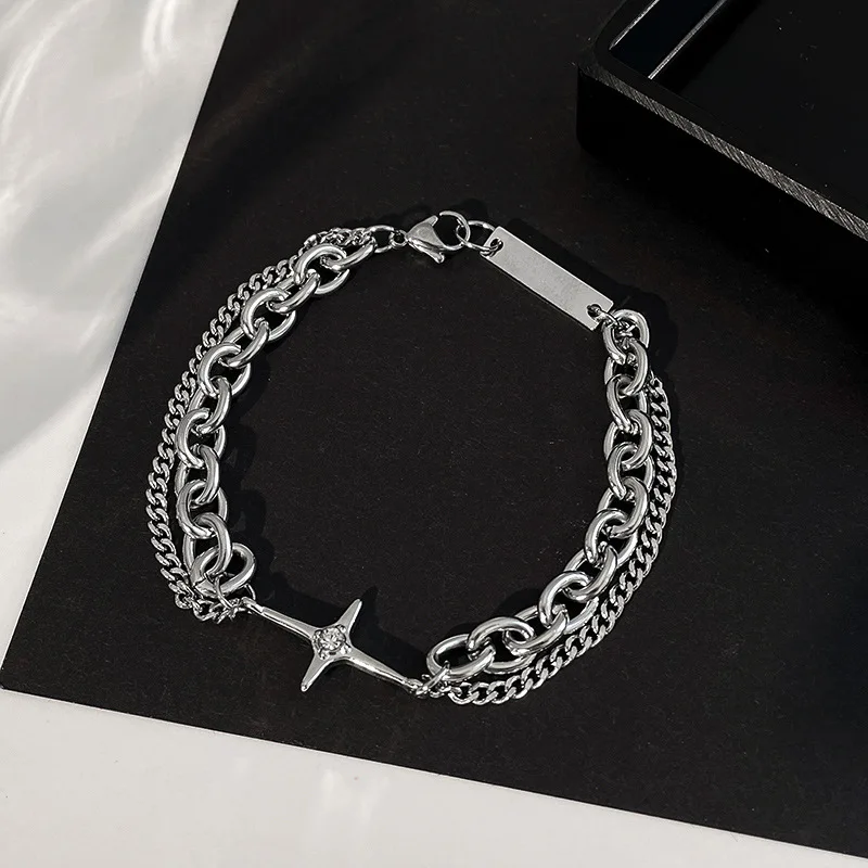 

XiaoboACC Mang Star Diamond Cross Bracelet for Men and Women Punk Simple Design 2021 Trend Couple Titanium Steel Wrist Bracelet