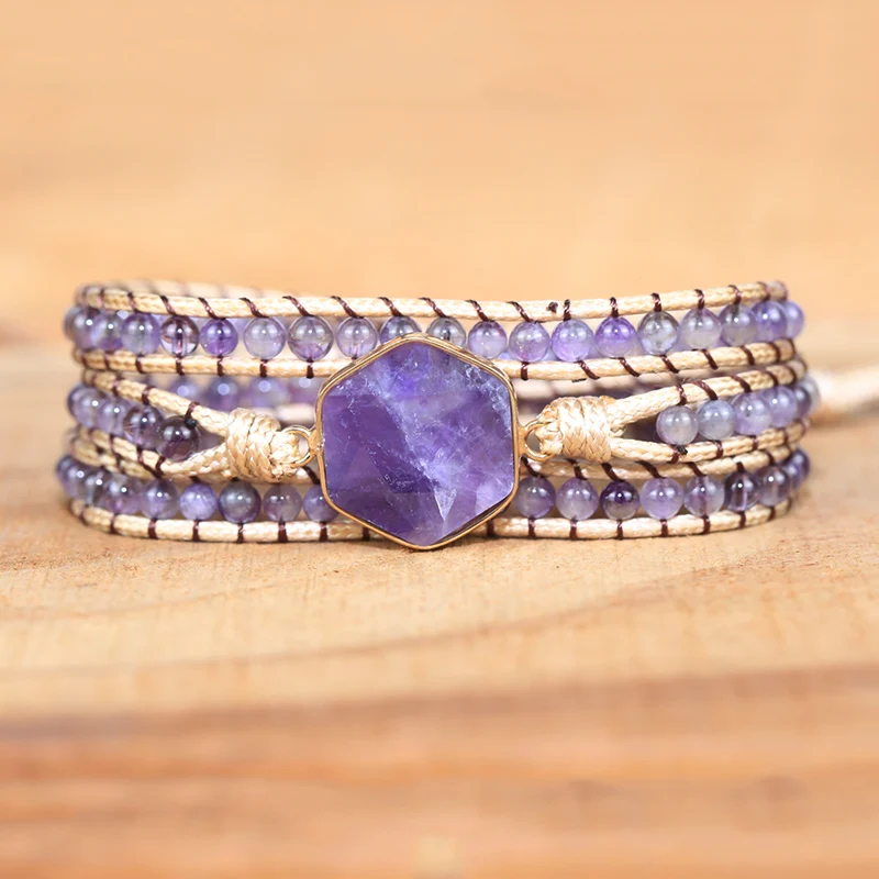 2021 Natural Stones Hexagonal Amethyst charm bracelet vintage style Unique Handmade yoga energy jewelry drop shipping |