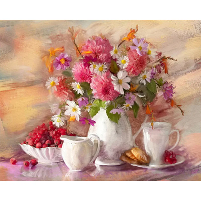 Алмазная картина сделай сам с розовыми цветами в вазе ручная работа товары для