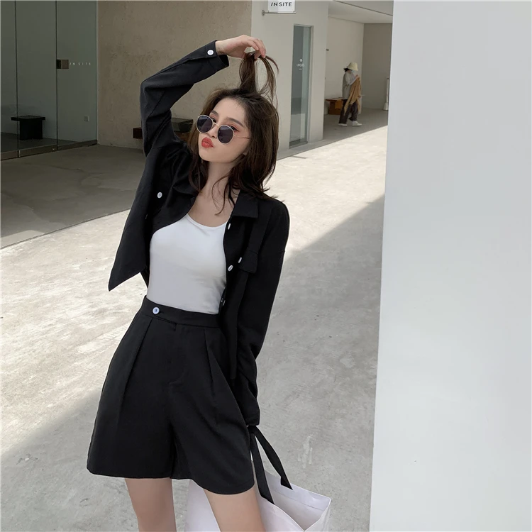 

GUUZYUVIZ 2021 Spring Summer Casual 2 Piece Set Women Long Sleeve Shirt Coat And High Waist Loose Shorts Women Black Short Pants