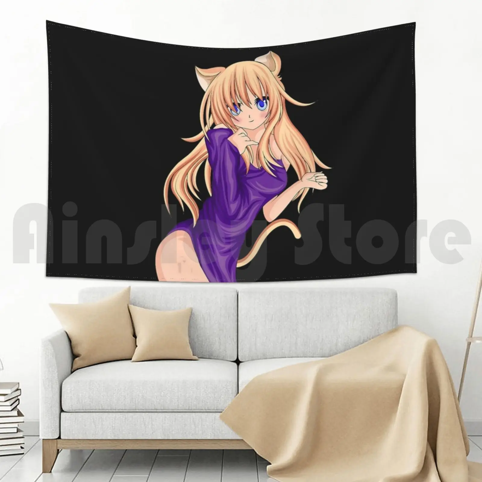 Японская аниме-девушка-кот Подарок для влюбленных Тапири Декоративное висячее изображение на фоне стены Манга Единорог.