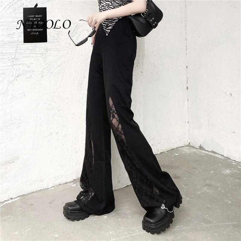 

NYOOLO Vintage Streetwear Lace Patchwork High Waist Slim Y2K Black Flared Pants Women Summer Office Lady WorkWear Baggy Trousers