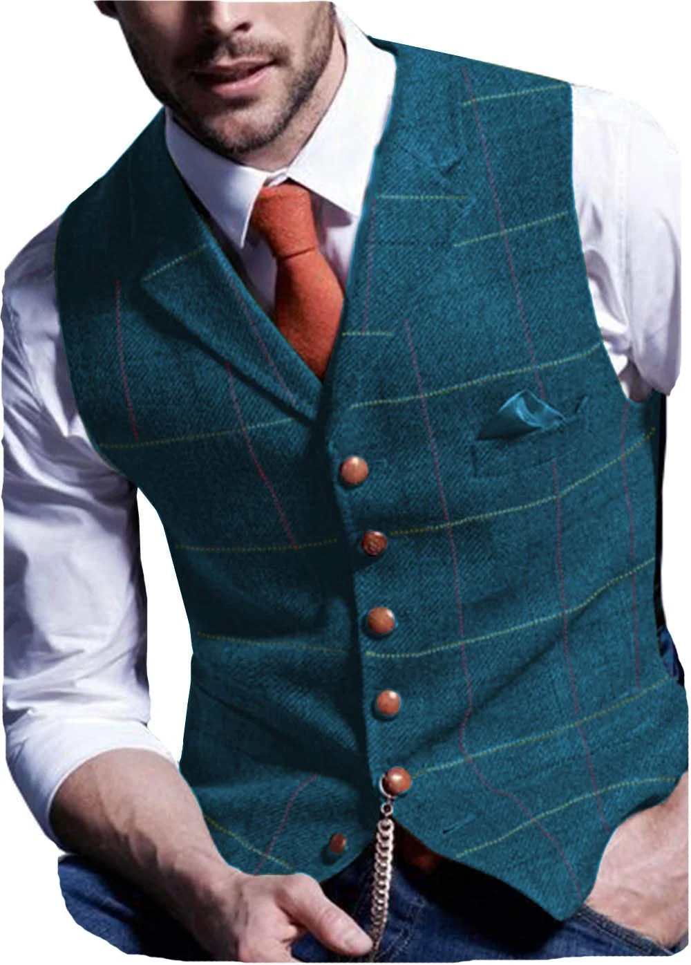 

Men Suits Vest Notched Plaid Wool Herringbone Tweed Waistcoat Casual Formal Business Groomman For Wedding Green/Black/Green/Grey