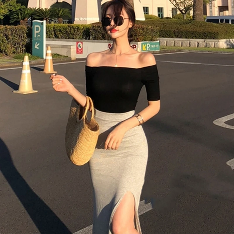 

Summer T Shirt Women Tops Tee Shirt Femme Sexy Slash Neck T-Shirts 2022 Korean Style Short Slim Elastic Female Tshirt Top