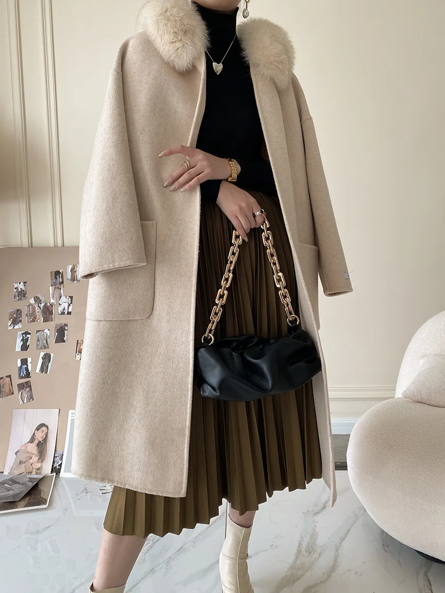 

Women 100% Wool Coat Fox Fur Collar Belt Woolen Outerwear Female 2021 Autumn Winter New Arrive
