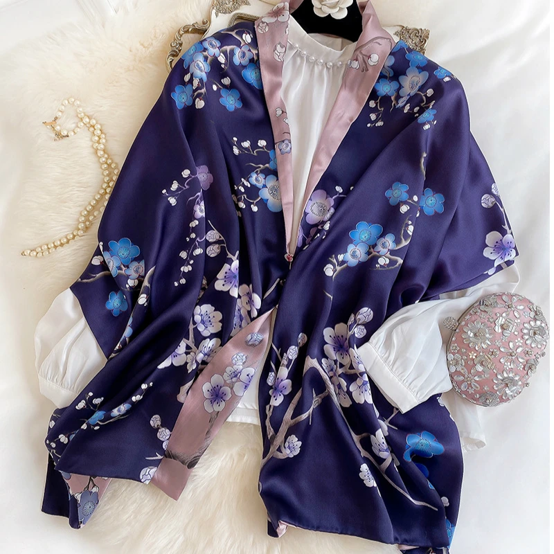 

High Quality Pure Silk Scarf for Women Floral Neck Scarf Shawls Foulard Hijab Scarves Double Sided China Style Lady Winter Stole