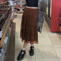 90s aesthetics brown mesh ruffles skirts y2k fairy grunge low waist patchwork midi skirt a line indie outfits fashion