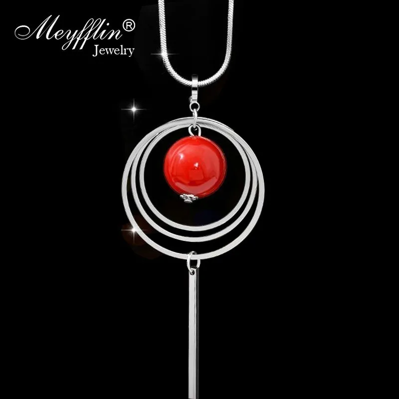 Женское длинное ожерелье Collier Femme винтажная Серебряная цепочка с круглым красным