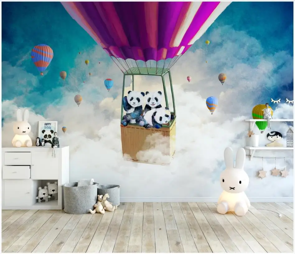 

Custom photo wallpaper 3d murals wallpaper for walls 3 d Cartoon hot air balloon panda sky children room background wall papers