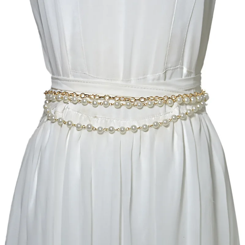 

Fashion Elegant Women Imitation Pearl Belts Alloy Chain Belts White Imitation Pearl Chain Women Clothing Accessories