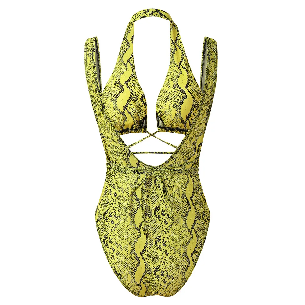 

2020 European summer new sexy Snake Print swimwear two piece fashion slim deep V-neck sleeveless Halter Set for women