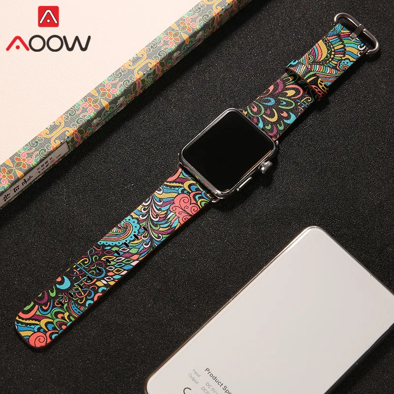 Кожаный ремешок для часов Apple Watch 38 мм 42 мм 40 мм 44 мм цветочный ремешок с цветочным принтом Национальный стиль браслет для iwatch 1 2 3 4