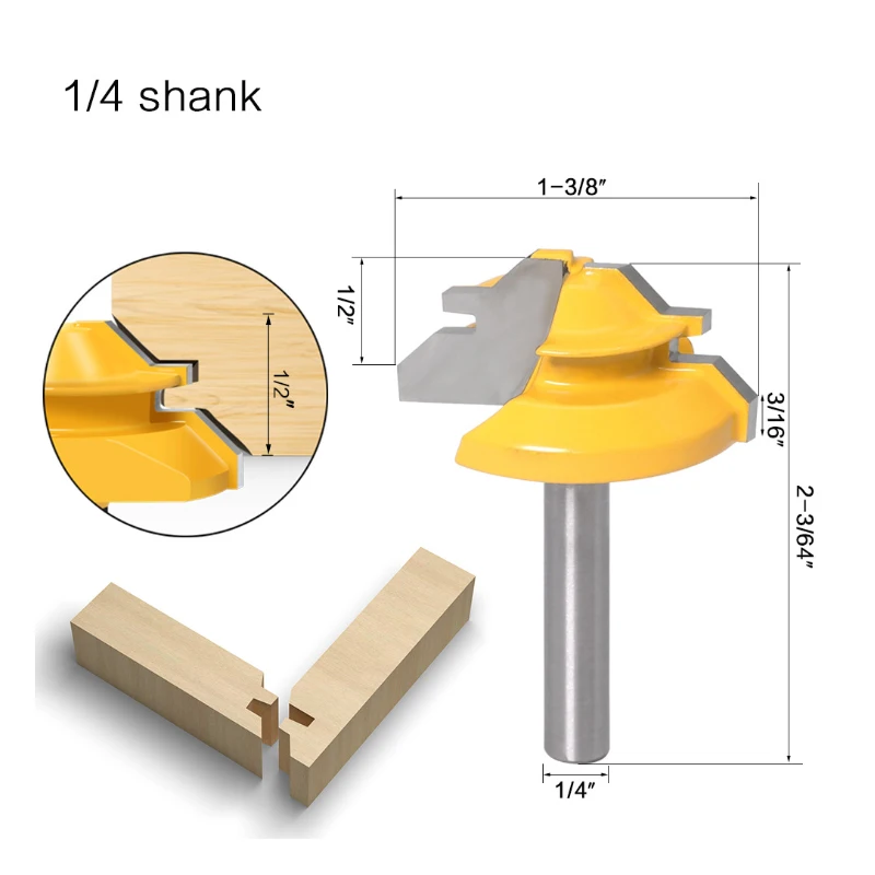 

1/4" (6.35mm) Shank 45-Degree Lock Miter Router Bit Diameter-1-3/8" Cutting Length-1/2"+3/16" Wood Glue Joint Milling Cutter