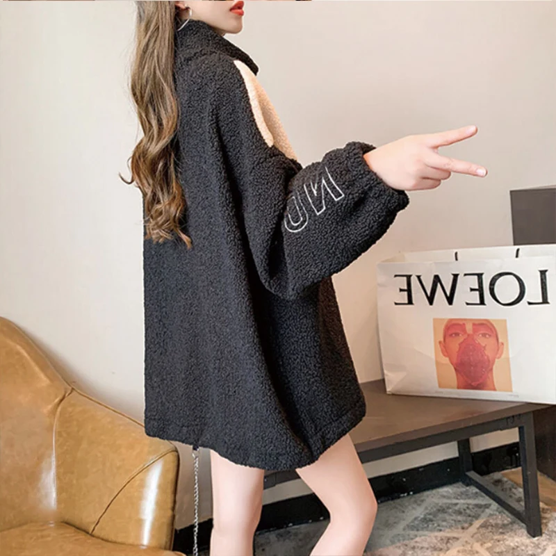 

Autumn Winter Women's Sweatshirt Fashion Thick Fleece Hoodies Casual Letter Embroidery Mid Length Women Sweatshirt