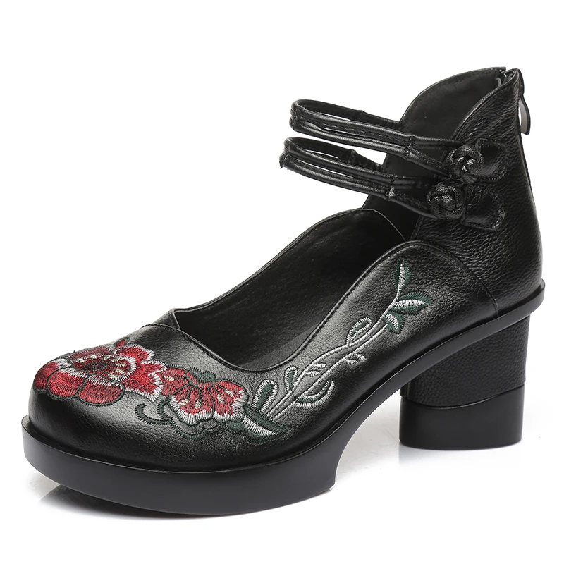 

2020 Retro Women Pumps Genuine Leather Platform Strange High Heel Embroider Flower Ethnic Female Ladies Shoes Zapatos De Mujer