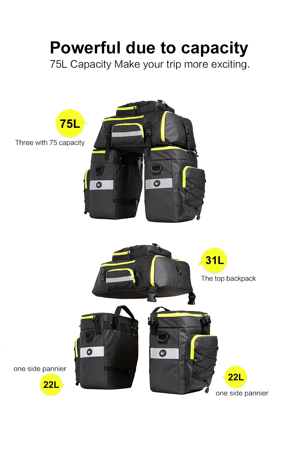 RHINOWALK 75L MTB Bicycle Carrier Bag Rear Rack Bike Trunk Bag Luggage Pannier 3 in 1 Cycling Double Side Back Seat Bags