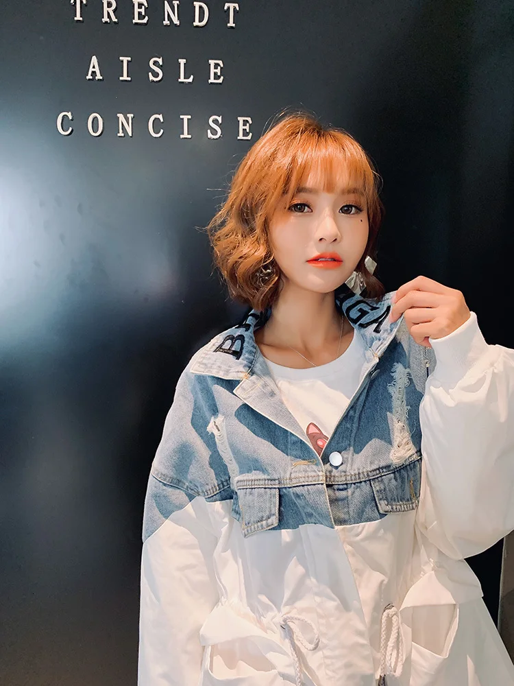 Vefadisa Autumn Woman Denim Coat Jacket Letter Loose Patchwork Hole Pockets Single Breasted 2019 QYF727 | Женская одежда