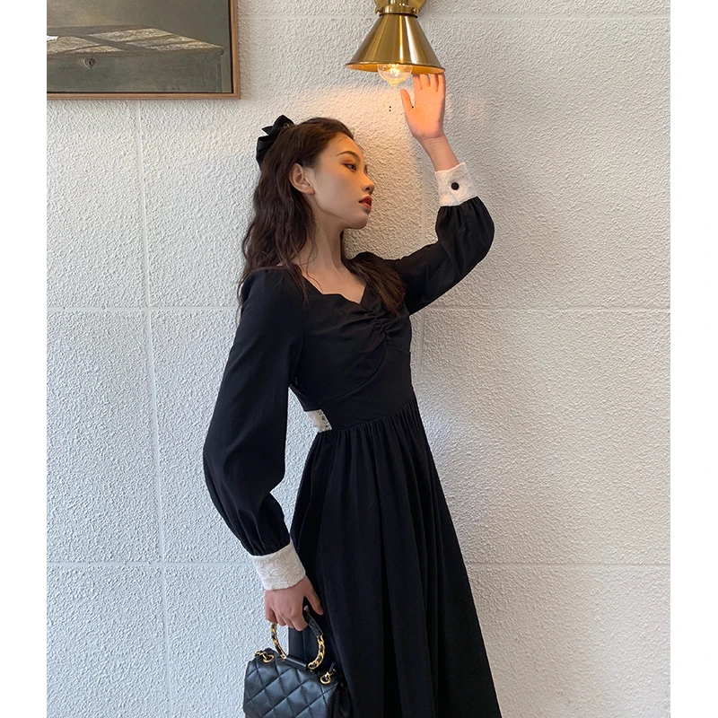 Женское винтажное платье средней длины элегантное однотонное черное вечерние во