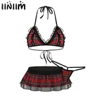 Женский Экзотический костюм, Клетчатый Бюстгальтер с разрезами для сосков, топ с мини-юбкой с оборками, стринги, трусы, сексуальная клубная одежда