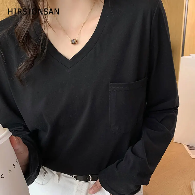 

Hirsionsan 2021 New Fashion Cotton V-neck T Shirts Women Long Sleeve Pocket Woman Tshirts Harajuku Casual Summer Female Tops