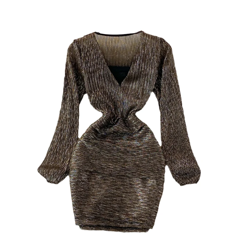 

Autumn Brown/Grey Sexy Draped Bodycon Dress Women Elegant V-Neck Puff Sleeve High Waist Party Vestidos Female Bright Silk Robe