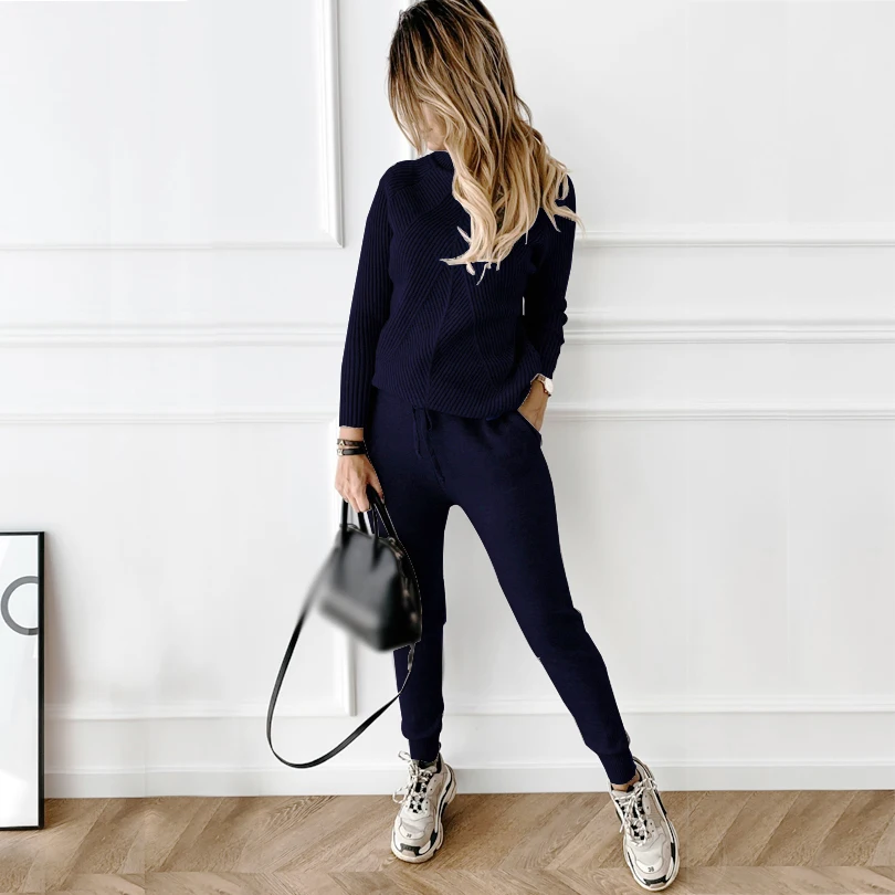 2021 Autumn Winter Women's tracksuit Solid Color Striped Turtleneck Sweater and Elastic Trousers Suits Knitted Two Piece Set