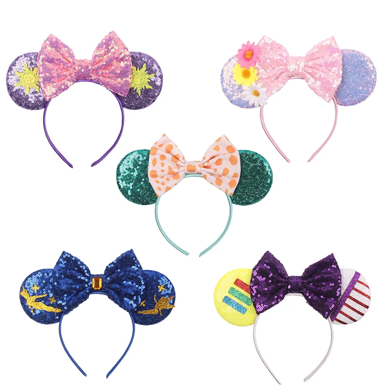 

Новинка симпатичная Солнцезащитная мышь с ушками бант повязка на голову с блестками бант с мультяшным цветком для женщин аксессуары для во...